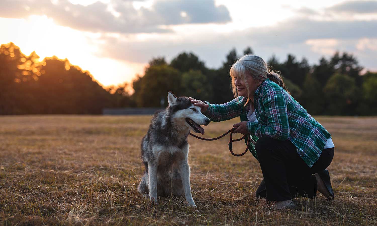 A woman with her dog in a field